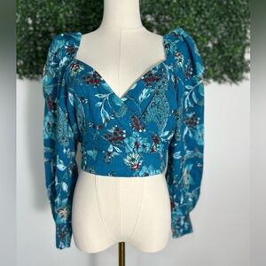 Teal Floral Puff-Sleeve Crop Top with Sweetheart Neckline